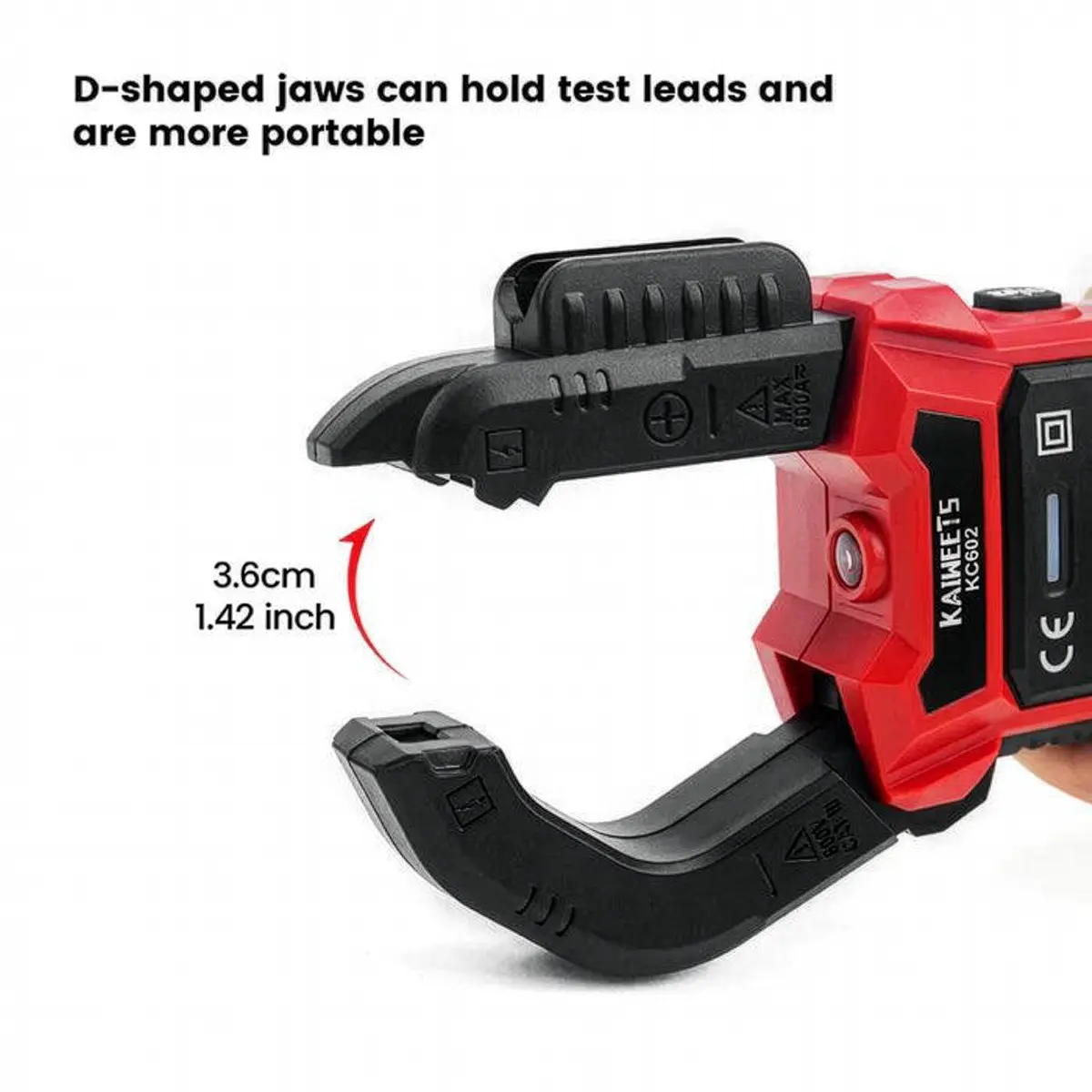 Pince ampèremétrique Kaiweets KC602 – Détail de la pince ouvrable sur 3,6 cm